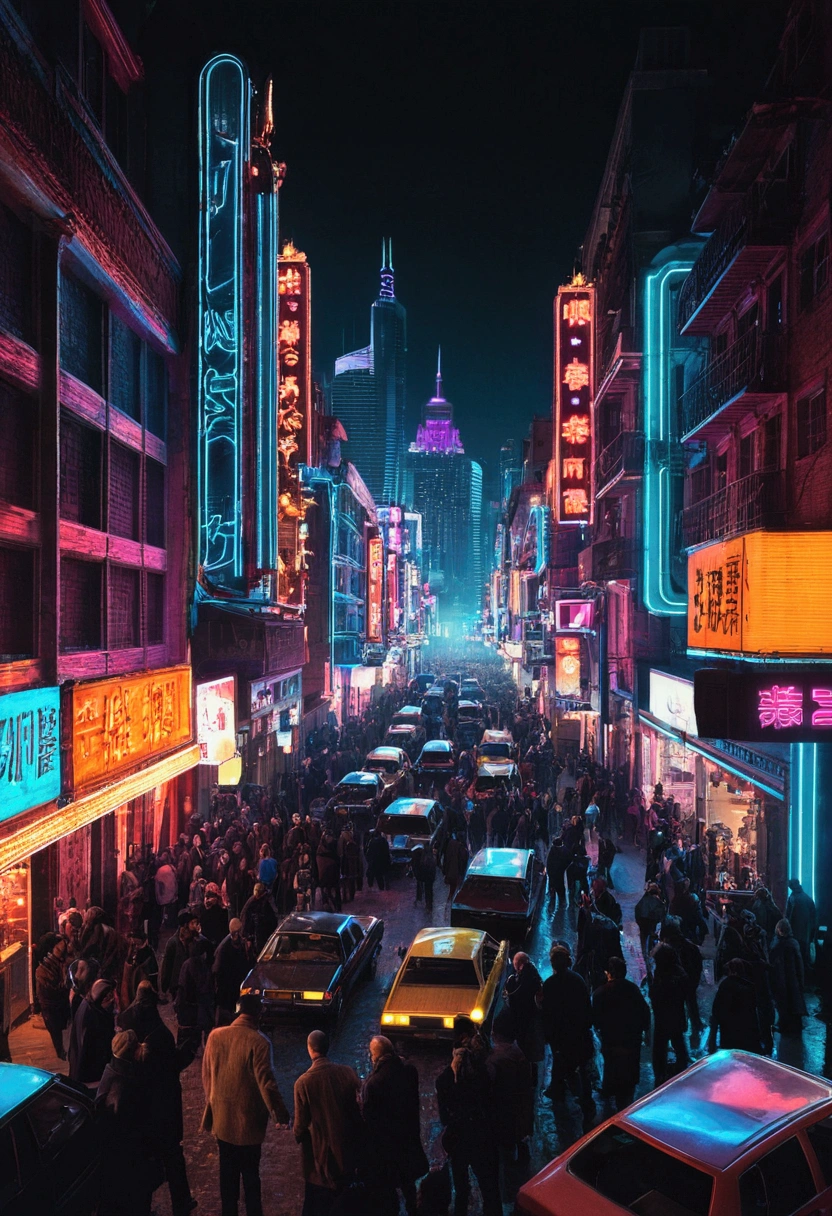 A city at night with shining neon lights, Lots of people