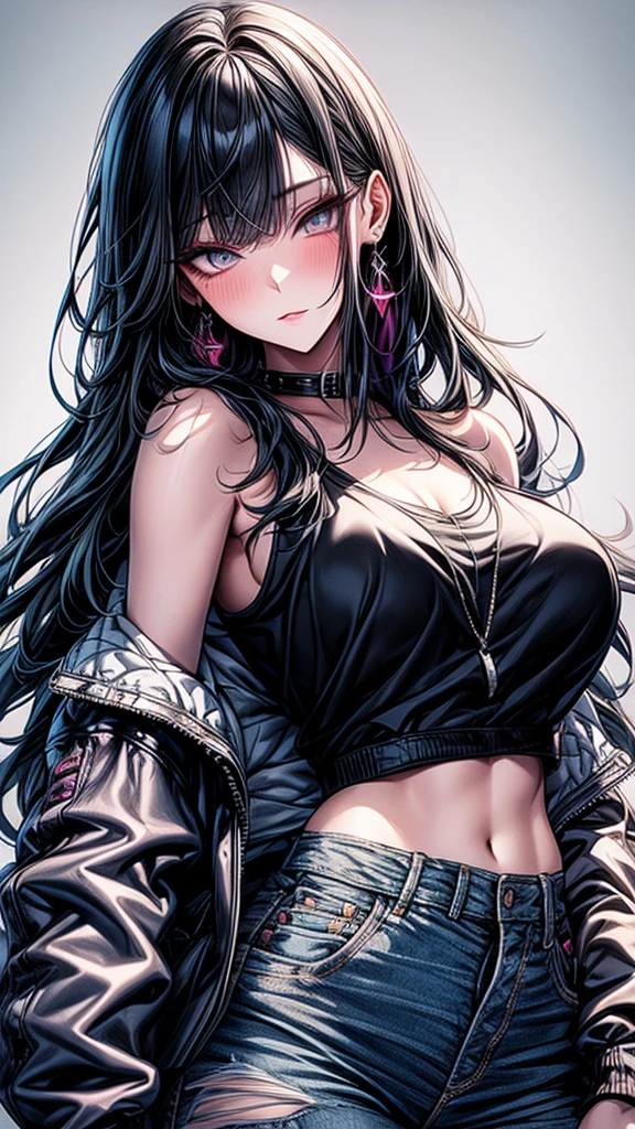 high resolution, Anatomically correct, best quality, Highly detailed, 1 girl, looking at the audience, Anatomically correct, best quality, colorful hair, Hair highlights, white hair, black hair, Uneven hairstyles, Uneven bangs, I have very long hair., full bangs, big breasts, Dark makeup, Embarrassed, Light blush on the cheeks, Dark eyes that are multi-colored, Gradient eye color, The left and right eyes are different colors., Chin foot, Close-up photography, Anime style,mature body, black leather jacket and Jean and white tank top. 