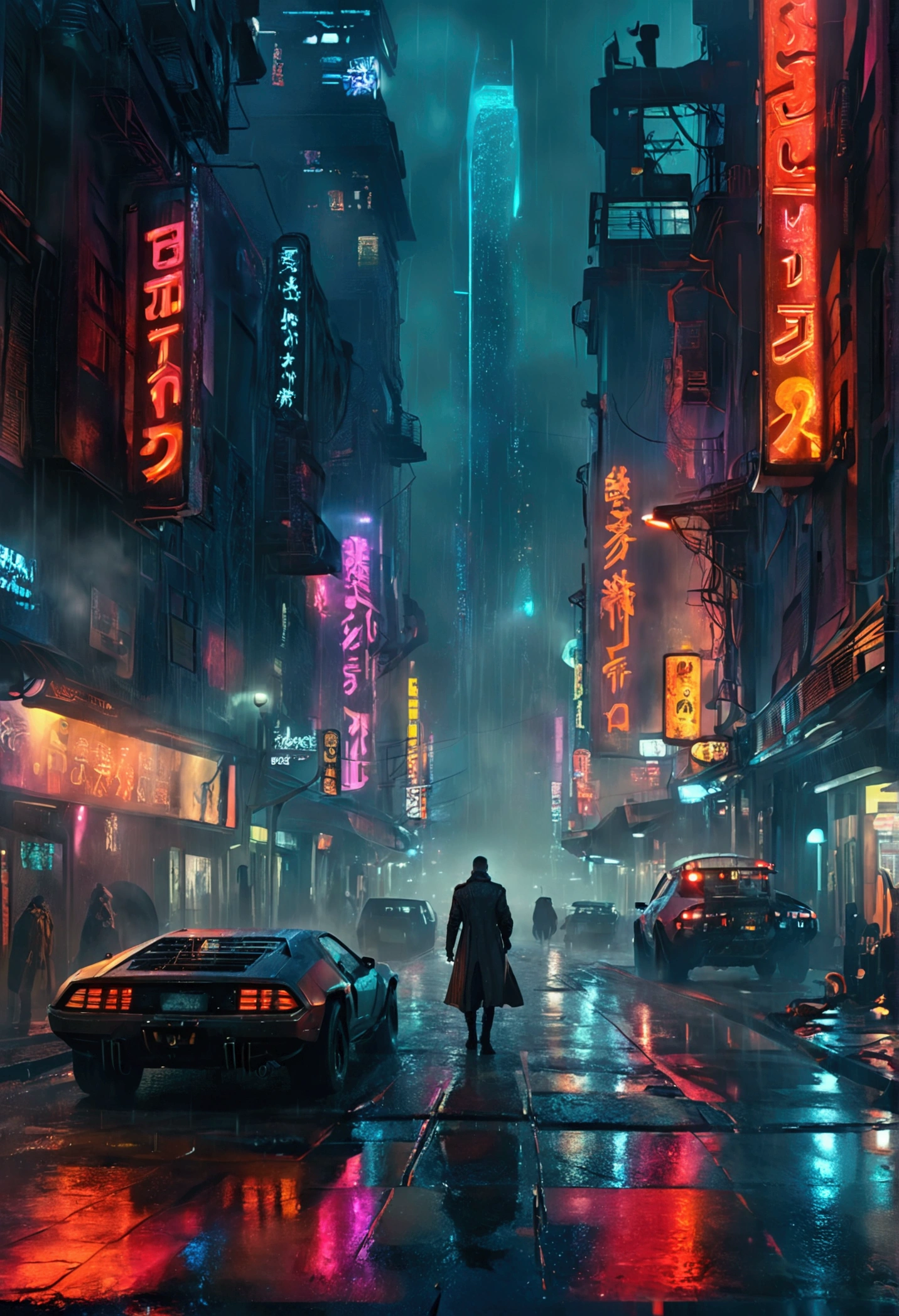 Vertion Dark Fantasy of Movie Blade Runner 2049, Panoramic view of City, NeoPunk, CiberPunk, Distopic City, Distopic View, Skine Line, Buildings, spinner vehicule, rain, ligths, smoke, nigth, realism, hiper realism, photo realism, perfection, master piece, beautiful view, mist, hologram, advertising, merkating, human, people, 8k, 4k. Sciencie fiction, architecture.
