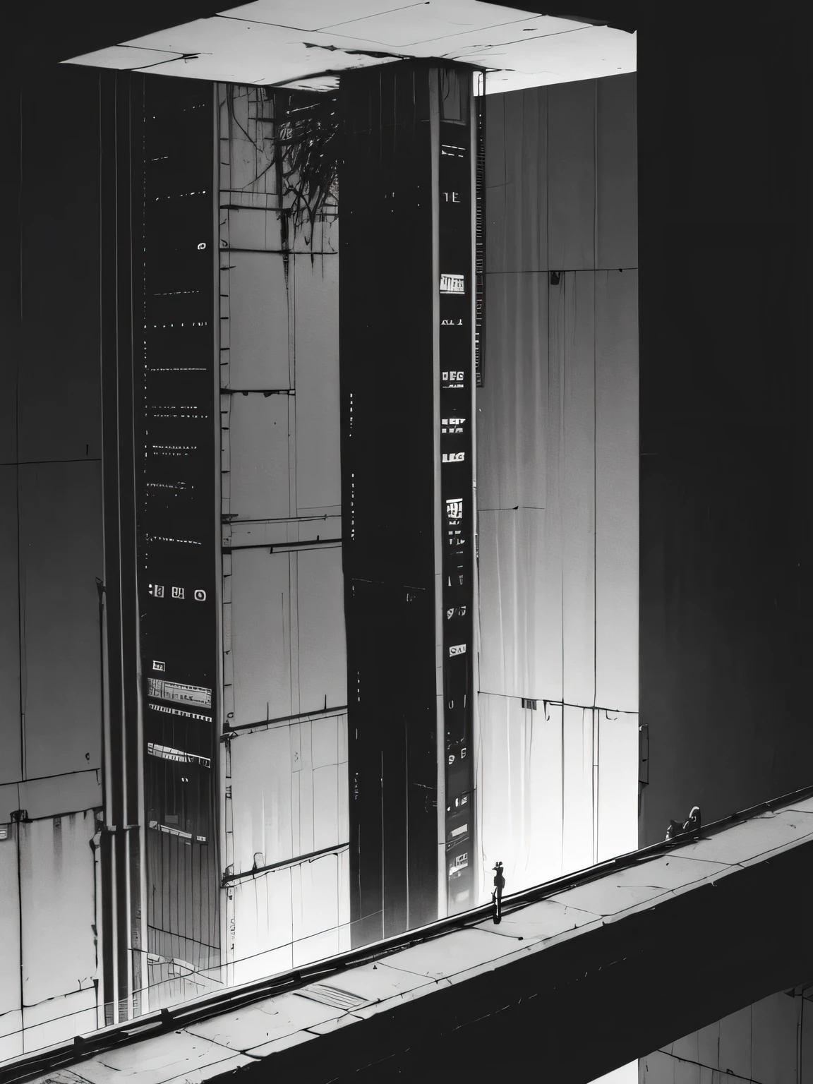 A giant elevator platform traversing the darkness of a brutalist megacomplex, black and white, Blame concept