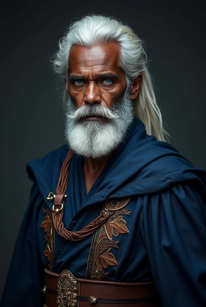 (Black man in wizard clothes), (with a medium, full beard,) (blue colored eyes) (portraite) Beautiful and serious appearance, White hair, elegant and elegant, and strong body without a shirt, (high quality and realistic image), ((best quality, 8k, piece of master).