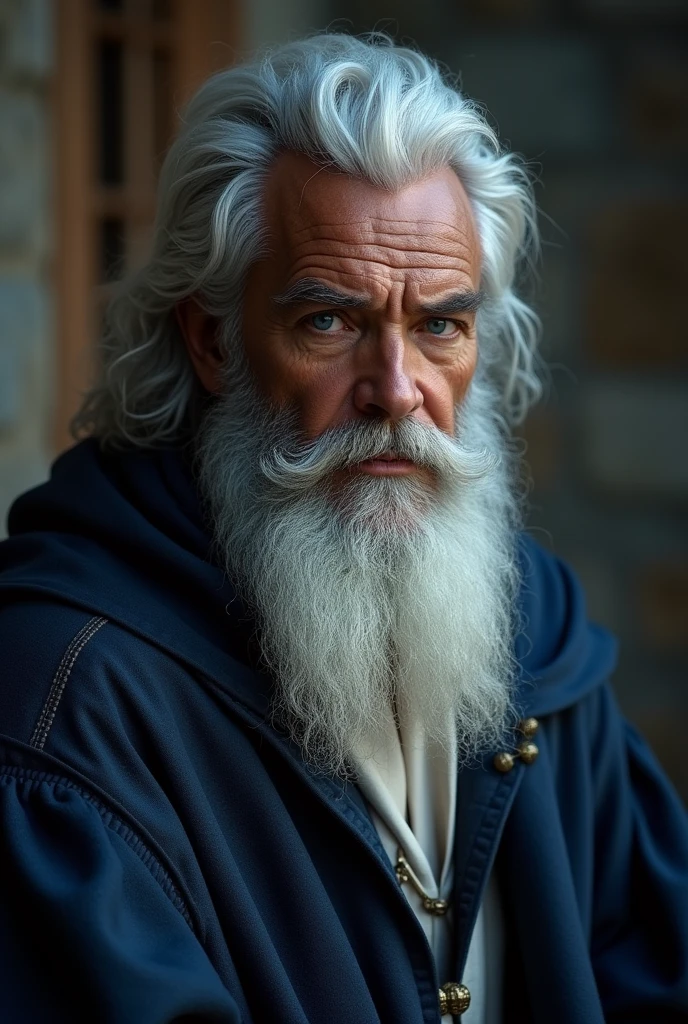 (Black man in wizard clothes), (with a medium, full beard,) (blue colored eyes) (portraite) Beautiful and serious appearance, White hair, elegant and elegant, and strong body without a shirt, (high quality and realistic image), ((best quality, 8k, piece of master).