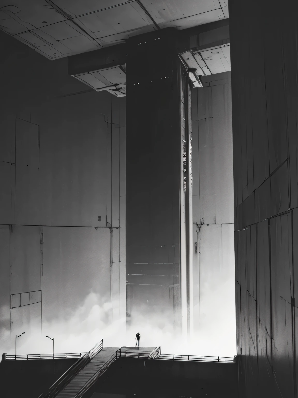 A giant elevator platform traversing the darkness of a brutalist megacomplex, black and white, Blame concept