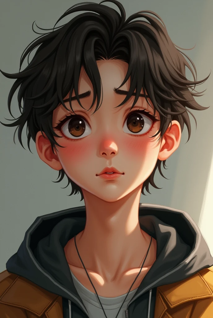 His eyes are dark brown and sharp., often expresses anxiety or sincerity depending on the situation. Her skin tends to be bright and clean. Ares often wears casual yet stylish clothes., such as comfortable shirts and trousers, and occasionally wear a jacket or hoodie for a more casual style..