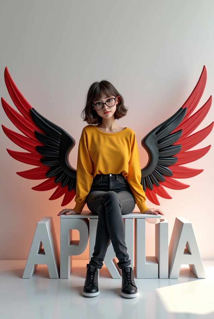 Create a 3D realistic image of a 20 year old girl sitting on a 3D social media logo with wings attached, posing in black jeans and yellow shirt, she has a beautiful hairstyle and wears stylish black rey-ban glasses , The wings are red and black, The girl looked ahead, The background features “APRILIA” in large, capital letters on a white wall., realistic art painting 32k