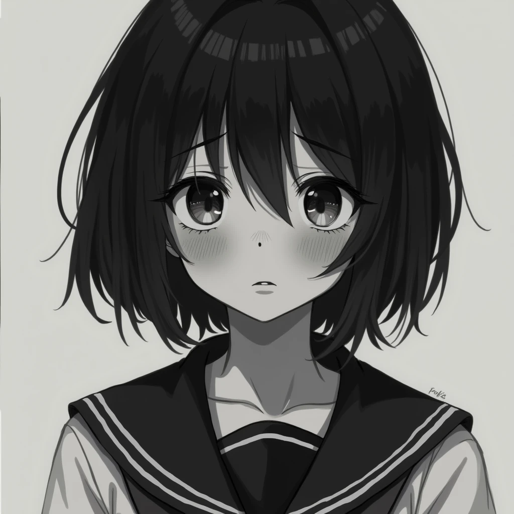 Black and White、A girl with black hair and bob hair with red cheeks and teary eyes、During sex、Mainly photograph from the neck up、Wearing a sailor uniform
