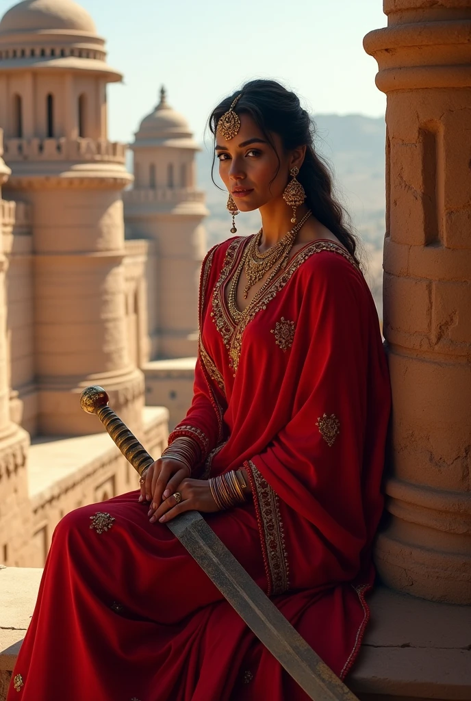 Brave rajput queen sitting in a fort wearing red rajasthani poshak and adorned with rajputana jewellery with a sword in her hand