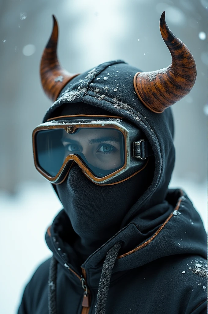 Cloth ski mask with very small horns on top and welding goggles over the eyes