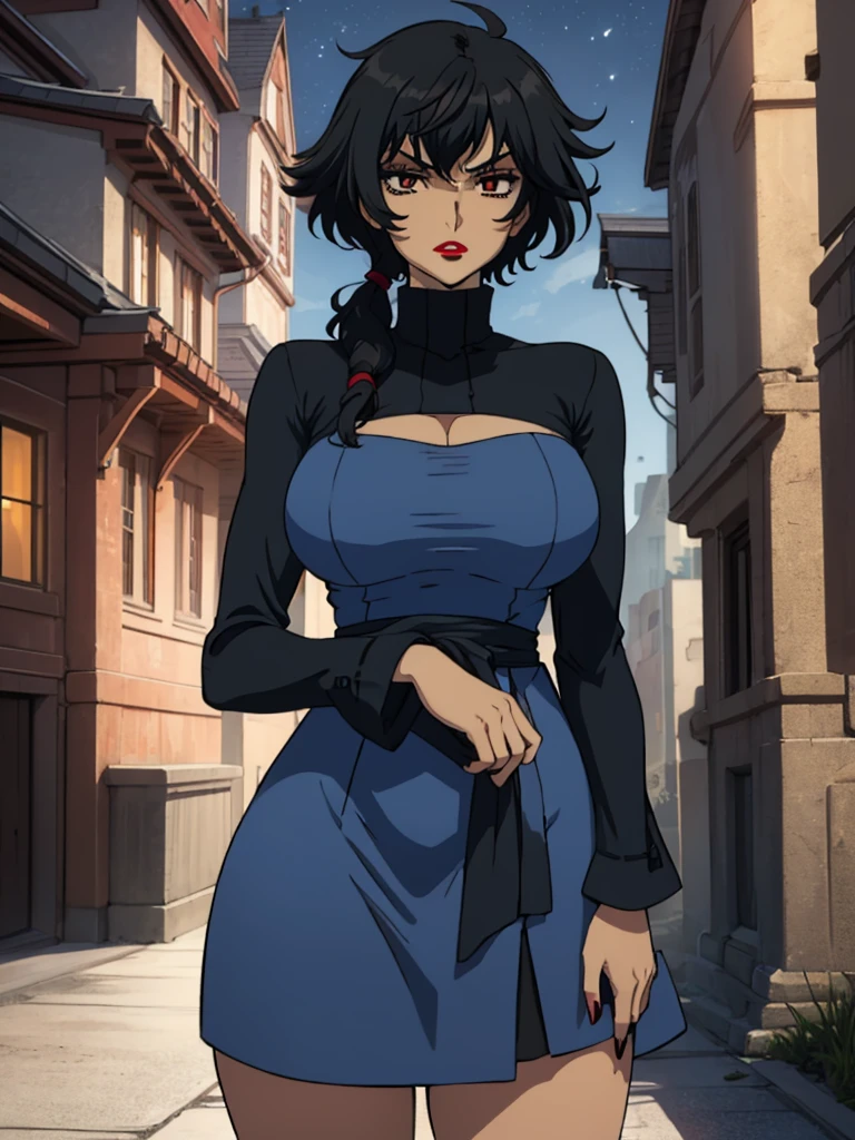 best quality, ultra-detailed, best illustration, masterpiece, high res (1girl:1.3), (large breast:1.5), closed mouth, (21 years old), ((1girl)), ((((solo))), (((alone))), (((genderbend))), (((female))), wide hips, thick thighs, narrow waist, ((blue top)), ((blue dress)), ((in a beautiful mansion)), ((anime artstyle)), long eyelashes, ((long black hair)), (((at night))), (red lipstick), (black eyeshadow), (in the dark)