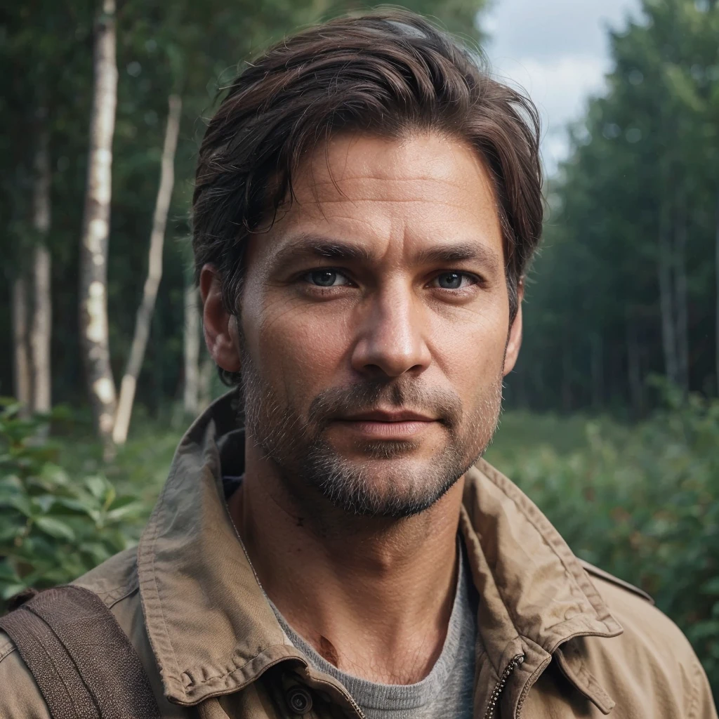realistic, 43 year old male, nationality: swedish, grey eyes and dark brown hair, apperance looks 30