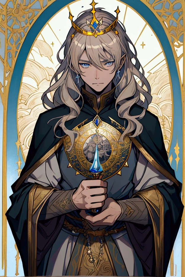 (Masterpiece), ((Highest Quality)),(Official Art),Dark cynicism:1.2),(1 Boy: 1.3), A young, weary winter king with short blonde hair, blue eyes, wearing a crown and detailed royal robe of silver and gold with religious themes. Wintry sunset background. Detailed drawing. Soft fairy tale picture book Arthur Rackham. Colorful, best detailed ((super detailed)), (highly detailed 2D anime illustration), ((dark and beautiful)) --auto --s2