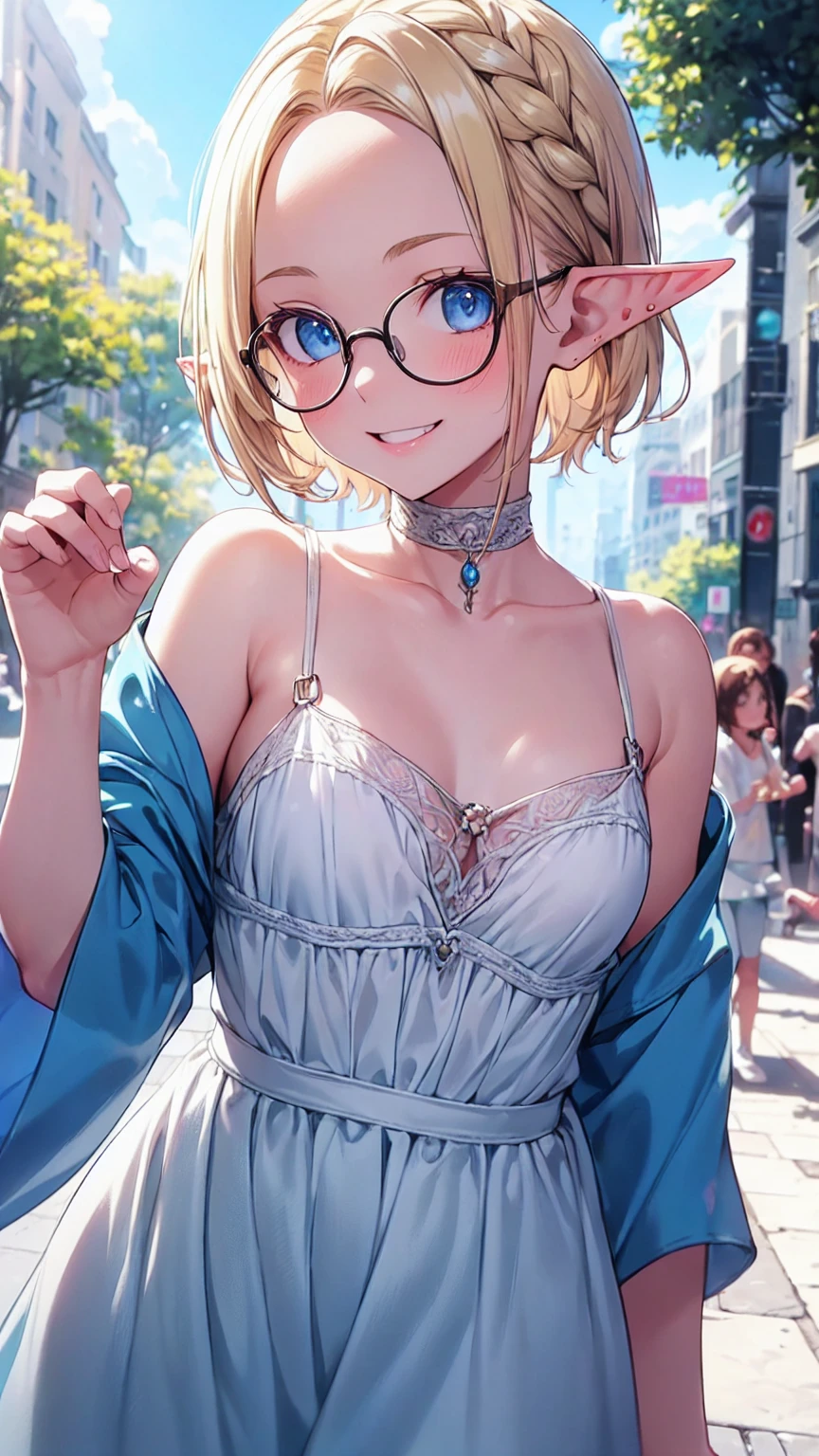 Very close、((Focus on the upper body))、16K、masterpiece、High resolution、High resolution、((1 young elven woman))、((Beautiful white skin))、((Beautiful blonde、Wide forehead visible、Glasses))、((Small breasts))、short hair、((Beautiful Blue Eyes))、((Pointed Ears))、Smiling Kindly、Grin、blush、Glowing Skin、((Neat summer clothes))、((In a crowded city))、Courting me