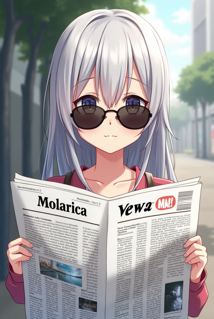 Wear sunglasses、Anime girl with a newspaper in front of her, Young woman anime visual, Cute girl anime visuals, style of madhouse anime, Gray-haired少女, Anime atmosphere, junko enoshima, Gray-haired lady, perfect Gray-haired girl, Gray-haired, Aesthetic award winning anime, Anime Styleに, Anime Style, Anime characters、In a completely different expression
