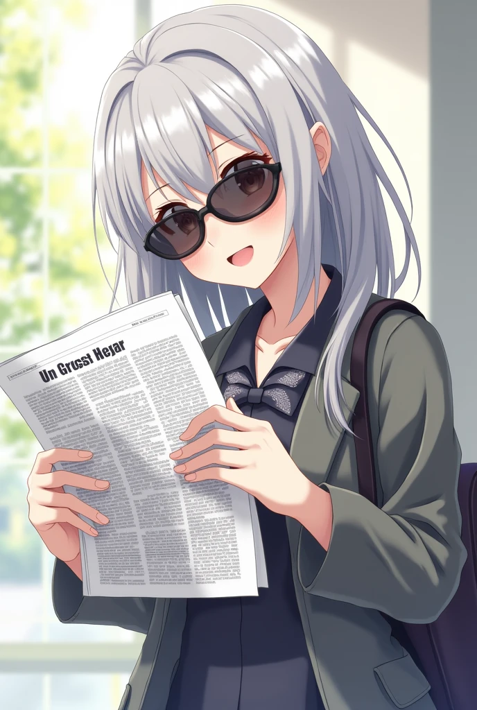 Wear sunglasses、Anime girl with a newspaper in front of her, Young woman anime visual, Cute girl anime visuals, style of madhouse anime, Gray-haired少女, Anime atmosphere, junko enoshima, Gray-haired lady, perfect Gray-haired girl, Gray-haired, Aesthetic award winning anime, Anime Styleに, Anime Style, Anime characters、In a completely different expression