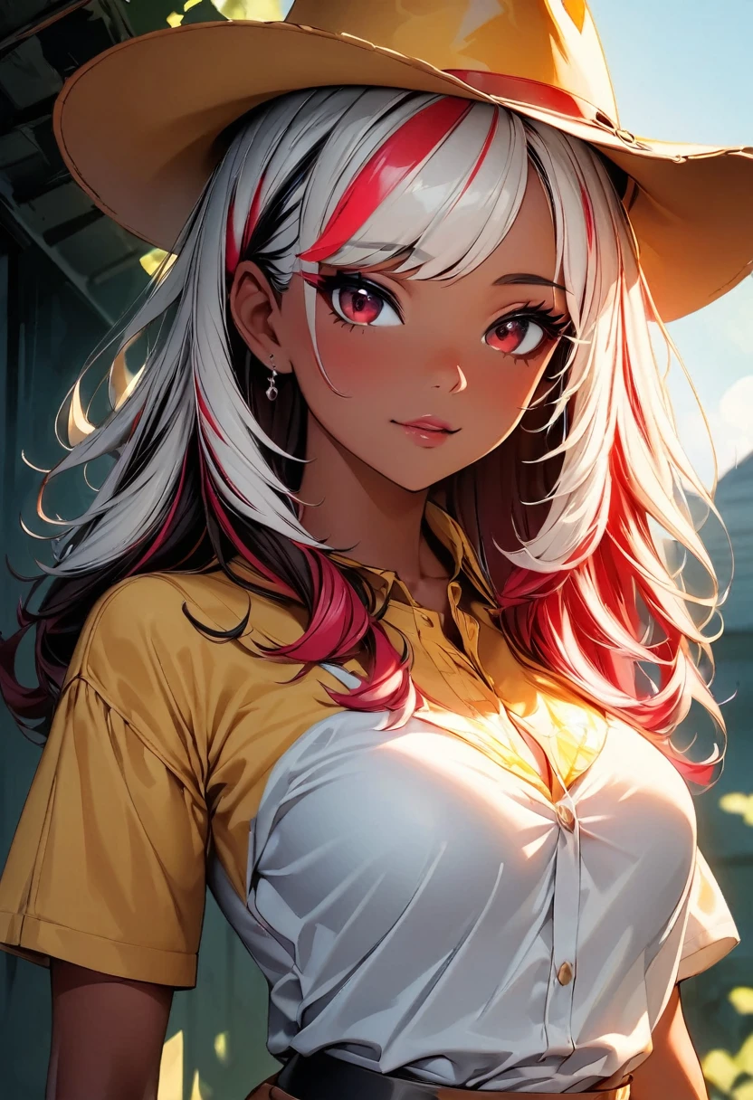 (highest quality:1.2, Very detailed, up to date, Vibrant, Ultra-high resolution, High Contrast, masterpiece:1.2, highest quality, Best aesthetics), Portraiture、girl、singer, solo, ((25-years-old:1)), Bright colors, Beautiful fine details、Beautiful lip detail、medium wave hair、(red and white (streaked hair:1.6)), highlights hair: 1.5, red eyes, slim body, medium breast, (tan skin:1.1), (Floral Fineline tattoo design on left arm:1), ((cowgirl:1.5)), (yellow cowboy hat:1.5), short sleeve plaid shirt, jeans, farm house, blue sky, (cowboy shot:1.3),