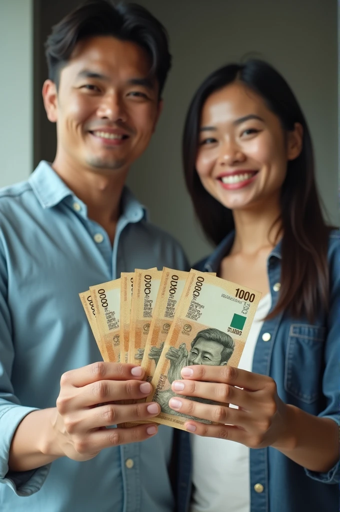 Asian man and woman holding five million Thai baht 1,000 baht banknotes together. Realistic Full HD footage.