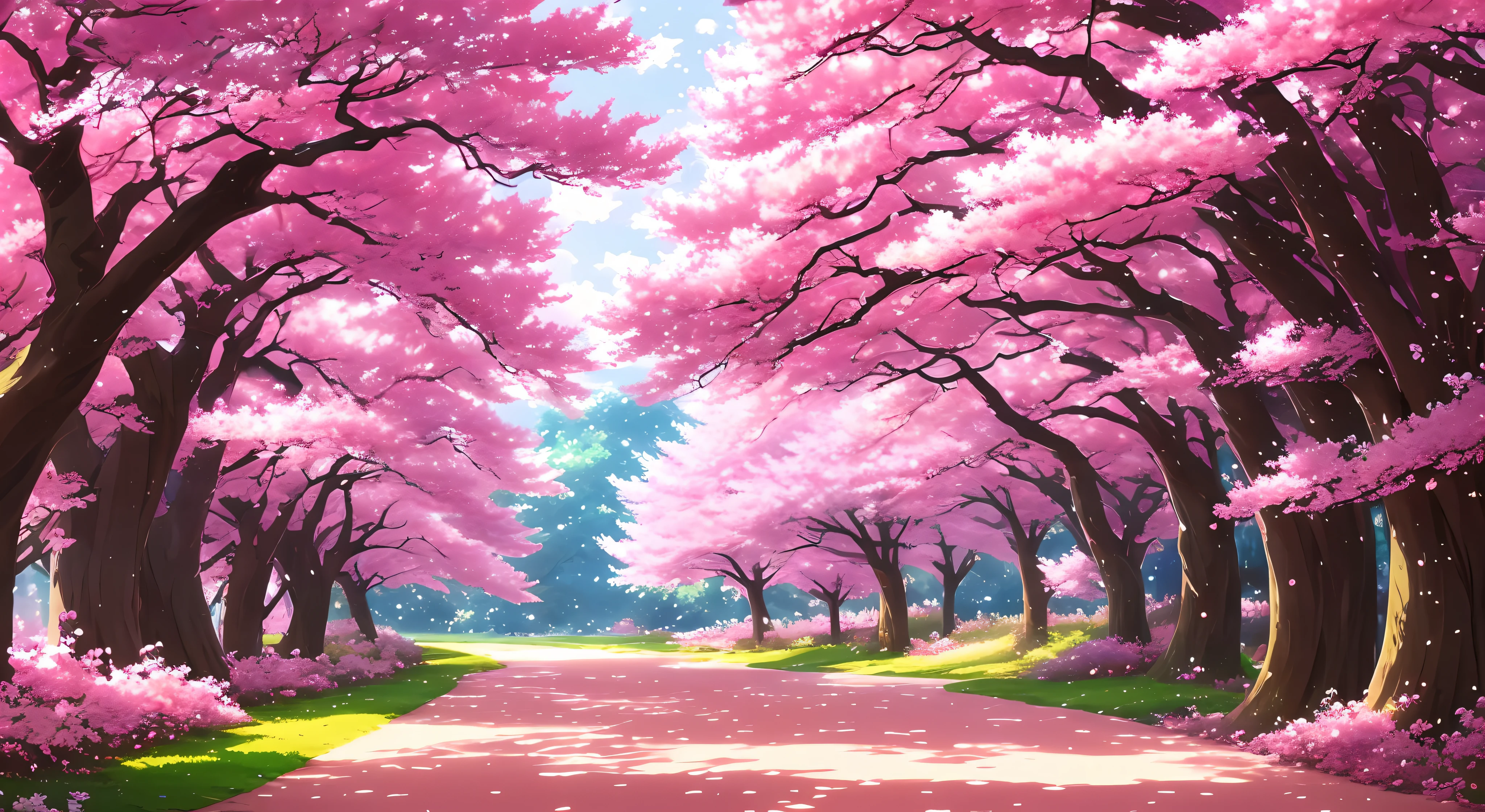 painting of a tree in a pink forest with a path, anime nature, anime beautiful peace scene, anime background art, anime nature wallpap, cherry blossom forest, anime background, scenery art detailed, seasons!! : 🌸 ☀ 🍂 ❄, anime countryside landscape, scenery artwork, made of tree and fantasy valley, dream scenery art, beautiful anime scenery, anime landscape
