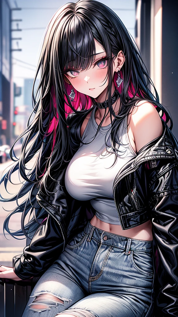 high resolution, Anatomically correct, best quality, Highly detailed, 1 girl, looking at the audience, Anatomically correct, best quality, colorful hair, Hair highlights, white hair, black hair, Uneven hairstyles, Uneven bangs, I have very long hair., full bangs, big breasts, Dark makeup, Embarrassed, Light blush on the cheeks, Dark eyes that are multi-colored, Gradient eye color, The left and right eyes are different colors., Chin foot, Close-up photography, Anime style,mature body, black leather jacket and Jean and white tank top.