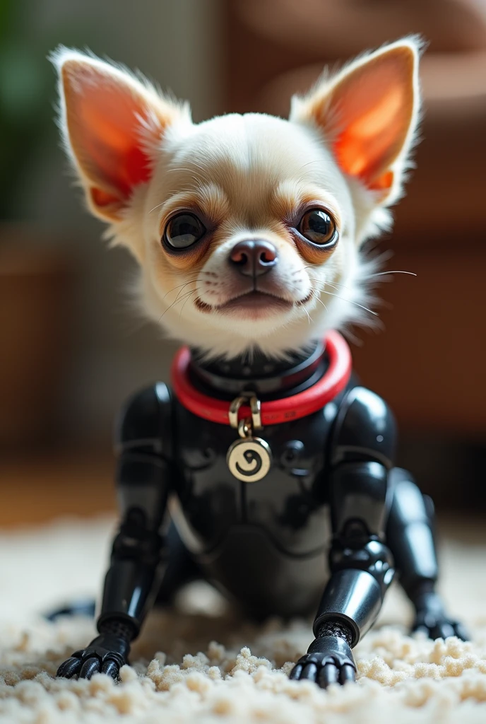 A   Hyperrealism, full body close-up shot of a robotically enhanced Chihuahua, its adorable white under the chin and on the belly everything else black  except there is 2 small tan hair areas above its golden eyes and a sweet playful expression on its face, perched atop a sleek black metallic body with silver accents thick neon red dog color around the neck with a digital dog tag that is red with gleaming robotic legs but realistic black paws. playing on the carpeted floor in a living room, The stark contrast between organic and synthetic features creates an intriguing visual dichotomy, inviting the viewer to ponder the intersection of technology and cuteness, retina, accurate, masterpiece, super detail, high details, best quality, award winning, highres, HD, 4K, 8k, 16k, realistic