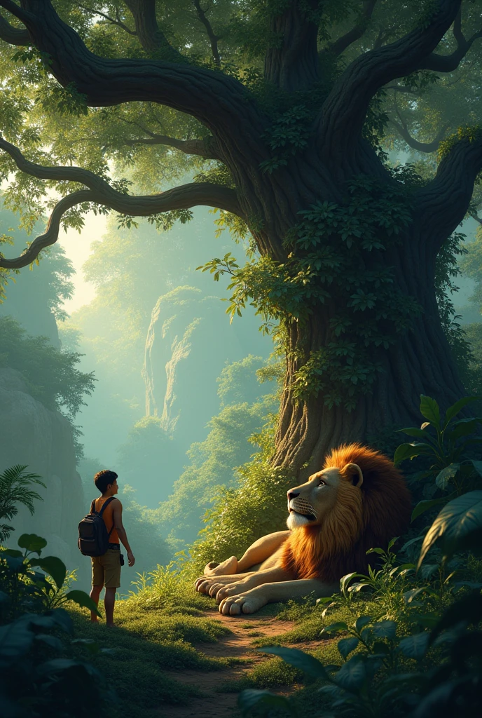 (Raghu goes inside the jungle. After walking a little distance he sees Sheru, the old lion, resting under a tree.)
