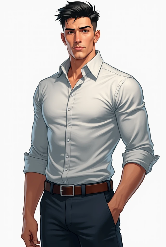 height around 180 cm with a slim but athletic body, indicating that he often exercises and keeps fit. His face is square with a strong jawline., giving the impression of strength and firmness. Her hair is black and short, often neatly cut, provide a neat and professional appearance. His eyes are dark brown and sharp., often expresses anxiety or sincerity depending on the situation. Her skin tends to be bright and clean. Ares often wears casual yet stylish clothes., such as comfortable shirts and trousers, and occasionally wear a jacket or hoodie for a more casual style..
