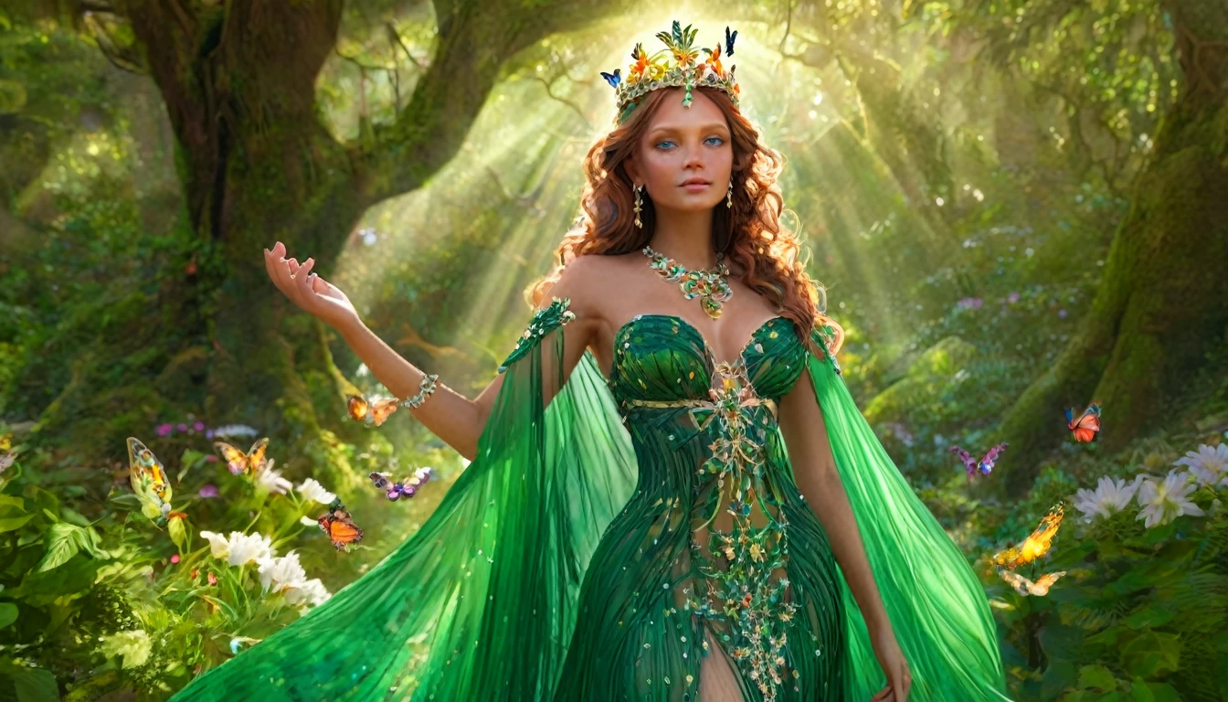 8k, fine art, Van Gogh starry night background, forest, fog, dark fantasy. ((full body)), bright and beautiful, splashes, iridescent flower background on the path, sweet and enchanting and cosmic effects like rainbow, lighting up an extreme night scene in vibrant colors, magic, surreal energy burst, fantasy, beautiful goddess of the galaxy with very dark curly hair, backlit hair tied on one side of her head, perfect physiognomy, clear and clear green eyes, jewelry, earrings and necklace, kaleidoscopic and colorful luminous clothes, almost transparent, intricate details in silver and gold, sandals golden, mesmerizing golden reflections, ((perfect full body)), of the best quality.