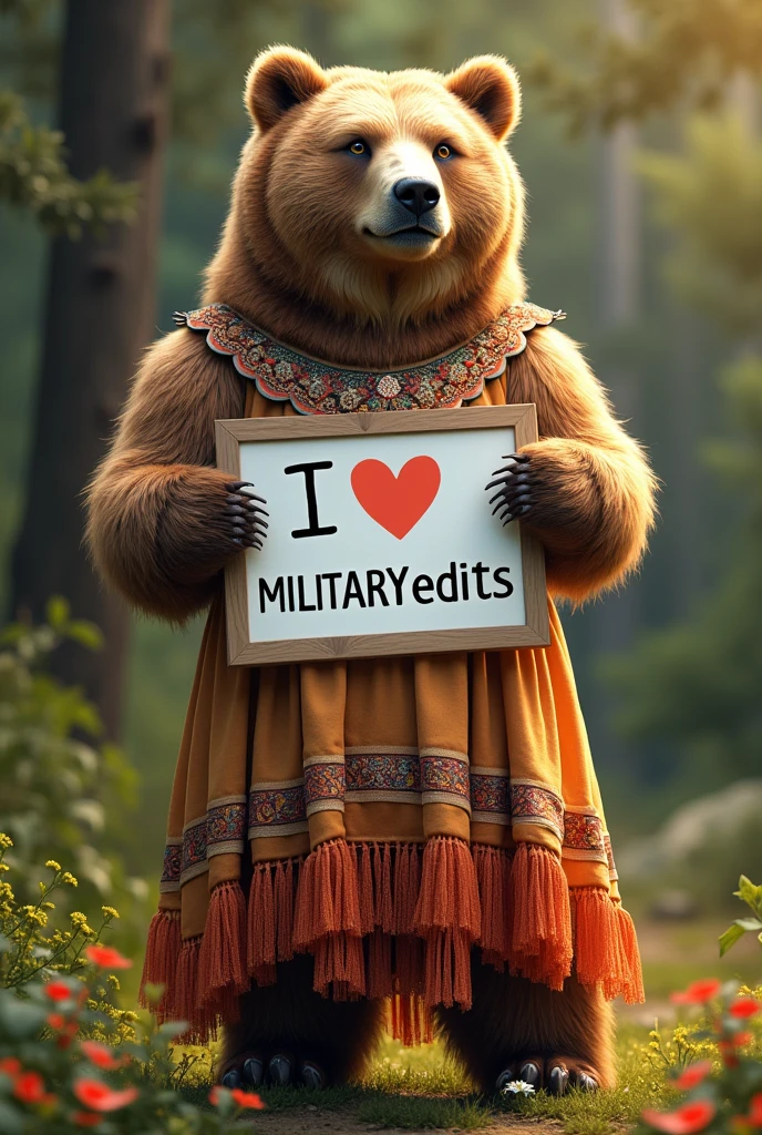 Beautiful russian bear, bohemian dress, holding a white board with text "I Love Militaryedits" and showing it to the viewer