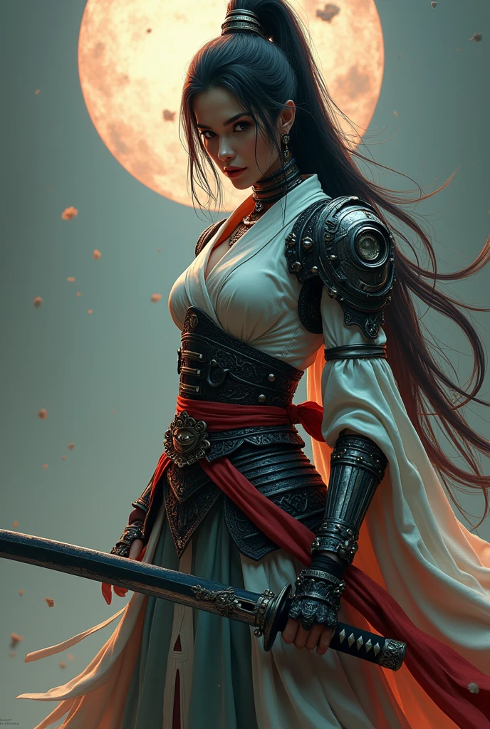 Masterpiece, superlative, 8k wallpaper, a woman holding a katana, surreal, mechanical samurai style.