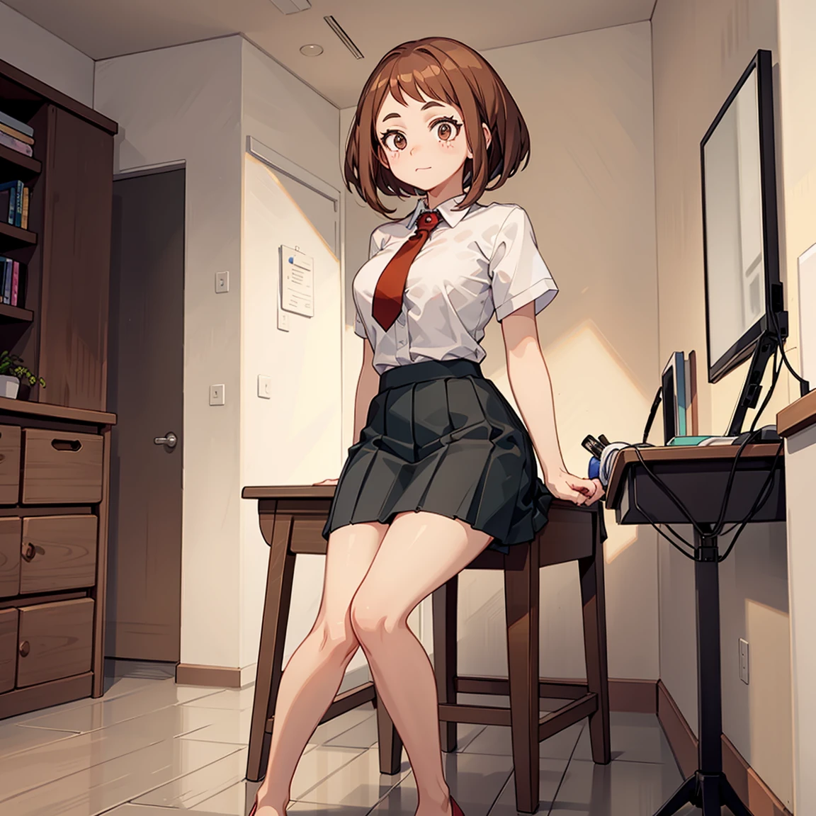 ((Uraraka Ochako)), masterpiece, sitting, office background, minimalist art, detailded, meticulous art, No defects, character focus, cenário detailded, corpo detailded, perfect hand, Perfect feet, beautiful face, Body cute, animated cartoon, arte anime, perfect art, perfectionism, (1 girl), (standing alone), (((Maximum quality))), (adult woman), ((secretary clothes)) social shirt, short black skirt, sitting em uma cadeira de escritório, seducing, sexly, nice legs, legs showing, front view, Beautiful Tits