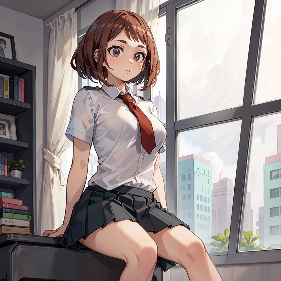 ((Uraraka Ochako)), ​masterpiece, sitting, office background, minimalist art, detailded, meticulous art, No defects, character focus, cenário detailded, corpo detailded, perfect hand, Perfect feet, beautiful  face, Body cute, animated cartoon, arte anime, perfect art, perfectionism, (1 girl), (standing alone), (((Maximum quality))), (adult  woman), ((secretary clothes)) social shirt, short black skirt, sitting em uma cadeira de escritório, seducing, sexly, nice legs, legs showing, front view, Beautiful Tits