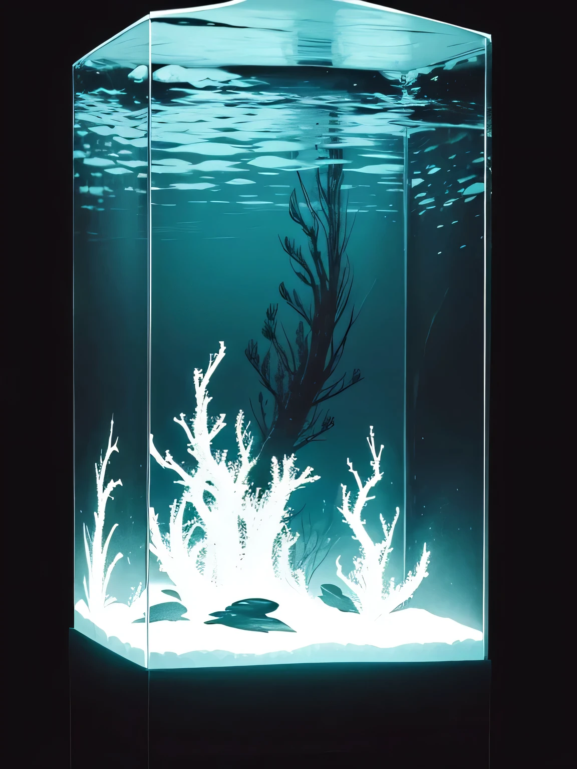 An giant aquarium in a instalation, black and white and cyan