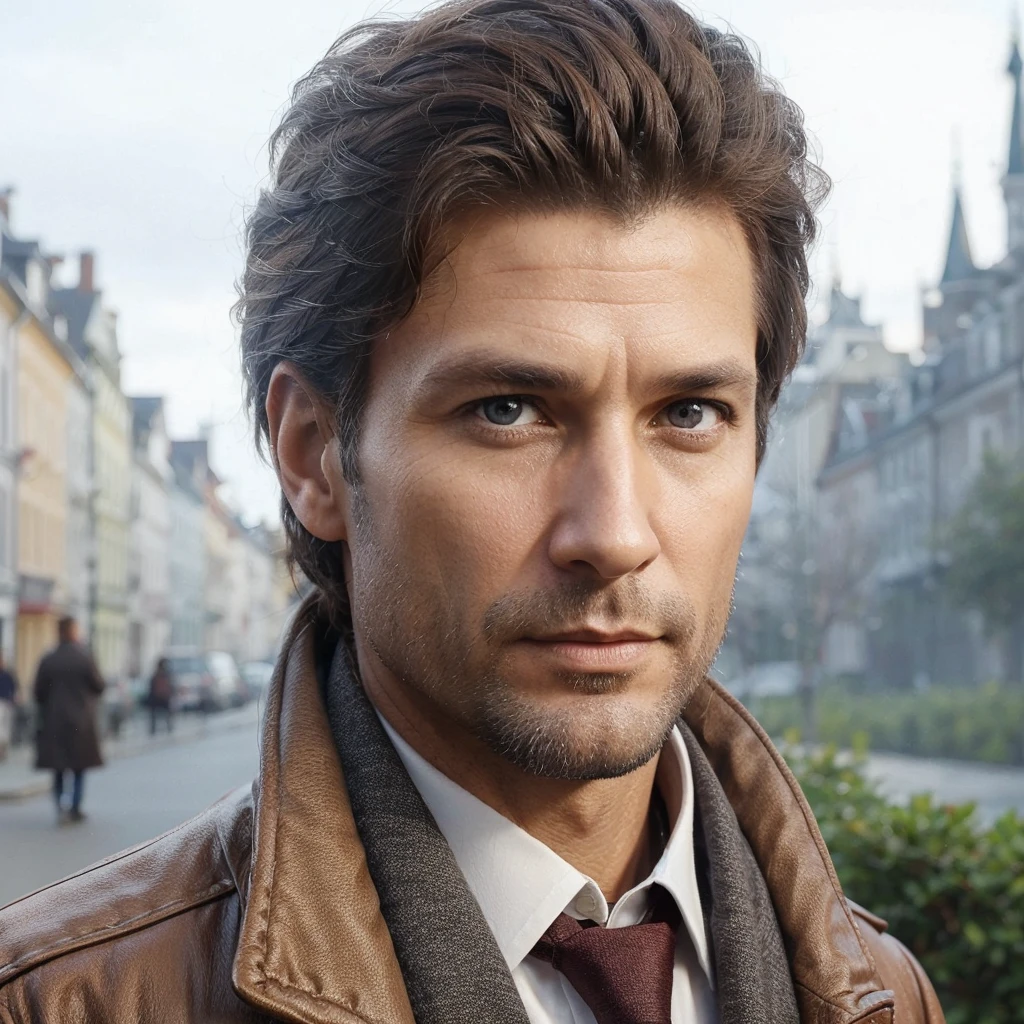 realistic, 43 year old male, nationality: swedish, grey eyes and dark brown hair, apperance looks 30