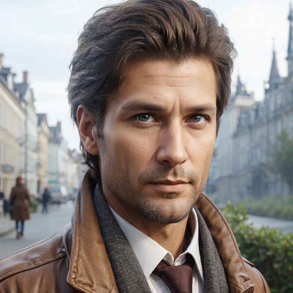 realistic, 43 year old male, nationality: swedish, grey eyes and dark brown hair, apperance looks 30