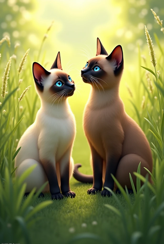 Two Siamese cats, one cream colored and the other dark brown, in the background of a grassy field