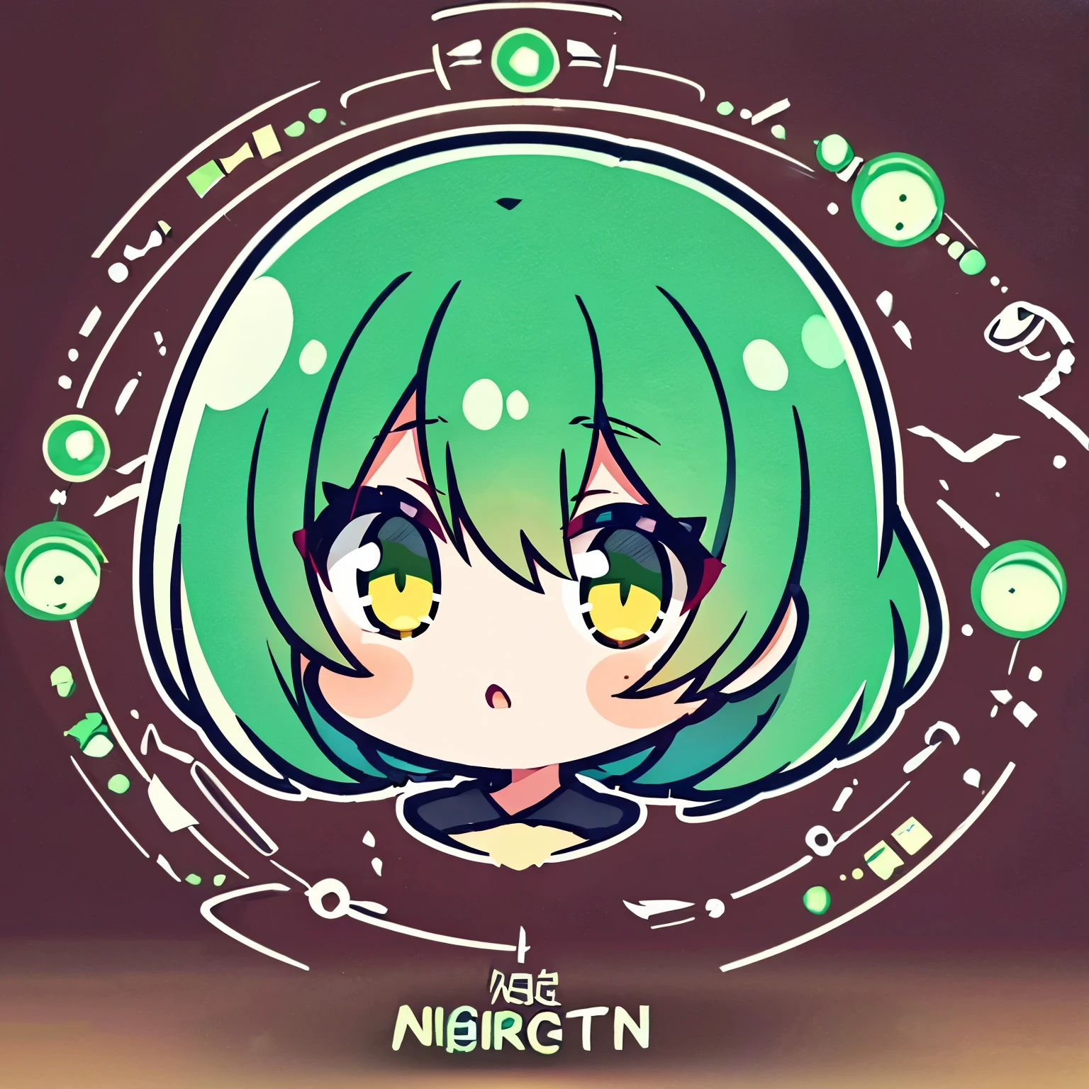 1girl, chibi, green hair, yellow eyes, detailed beautiful face and glowing eyes, close-up, love, moon