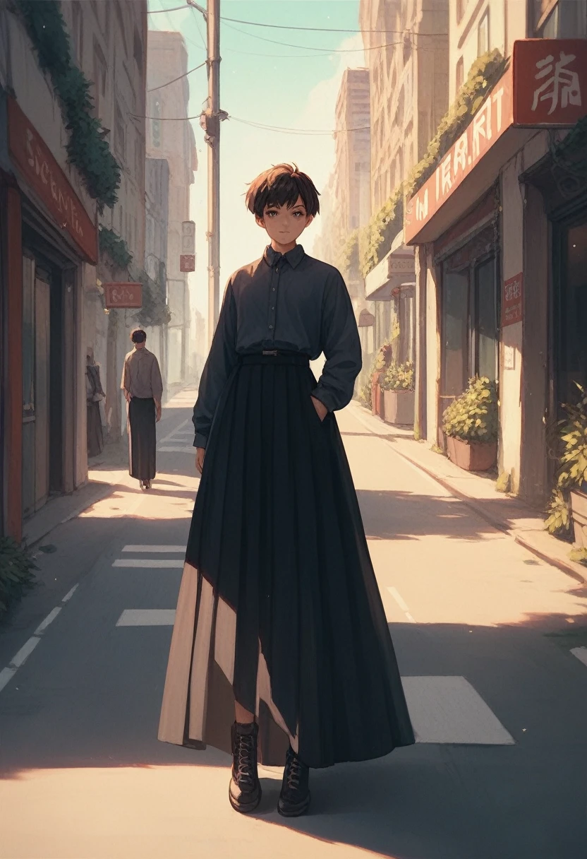 Girl, black long skirt , skirtis very long,street,standing,cool ,anime