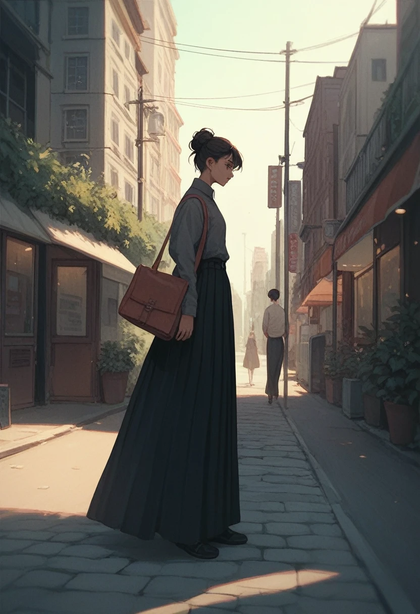 Girl, black long skirt , skirtis very long,street,standing,cool ,anime