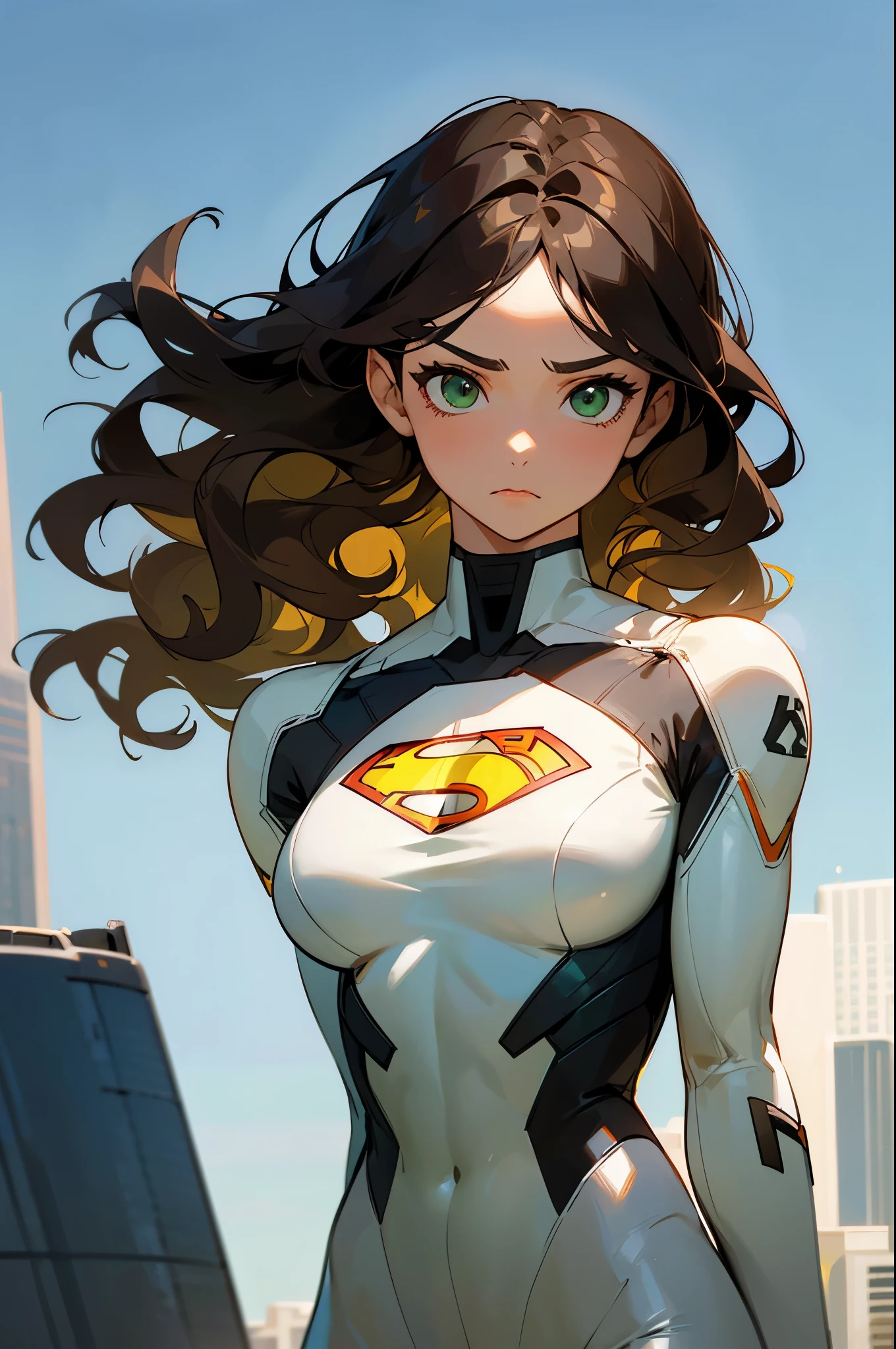 1female , undercut hair , wavy hair ,long hair, black Hair , green Eyes , muscular ,teen female , white Body Suit , Serious Expression , Modern City Background , Yellow S symbol on chest, modern city background, upper body, superman shirt, arm, white arm sleeves, superhero suit, Superman S Symbol, lesbian, blonde highlights,