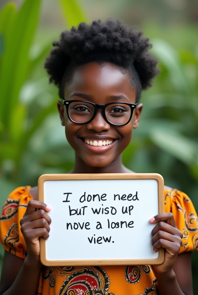 Beautiful black girl with short hair, beautiful brown eyes African dress, wearing black oversized glasses, smiling nature background real photography shot holding a white board with text "I Love you Martin Kinuthia" and showing it to the viewer
