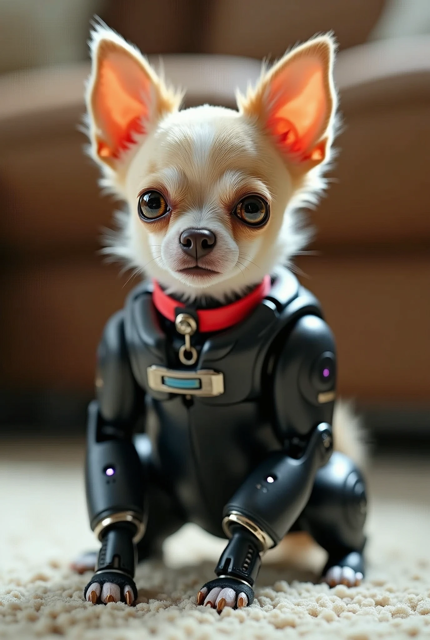 A Hyperrealism, full body close-up shot of a robotically enhanced Chihuahua, its adorable white under the chin and on the belly everything else black except there is 2 small tan hair areas above its golden eyes and a sweet playful expression on its face, perched atop a sleek black metallic body with silver accents thick neon red dog color around the neck with a digital dog tag that is red with gleaming robotic legs but realistic black paws. playing on the carpeted floor in a living room, The stark contrast between organic and synthetic features creates an intriguing visual dichotomy, inviting the viewer to ponder the intersection of technology and cuteness, retina, accurate, masterpiece, super detail, high details, best quality, award winning, highres, HD, 4K, 8k, 16k, realistic
