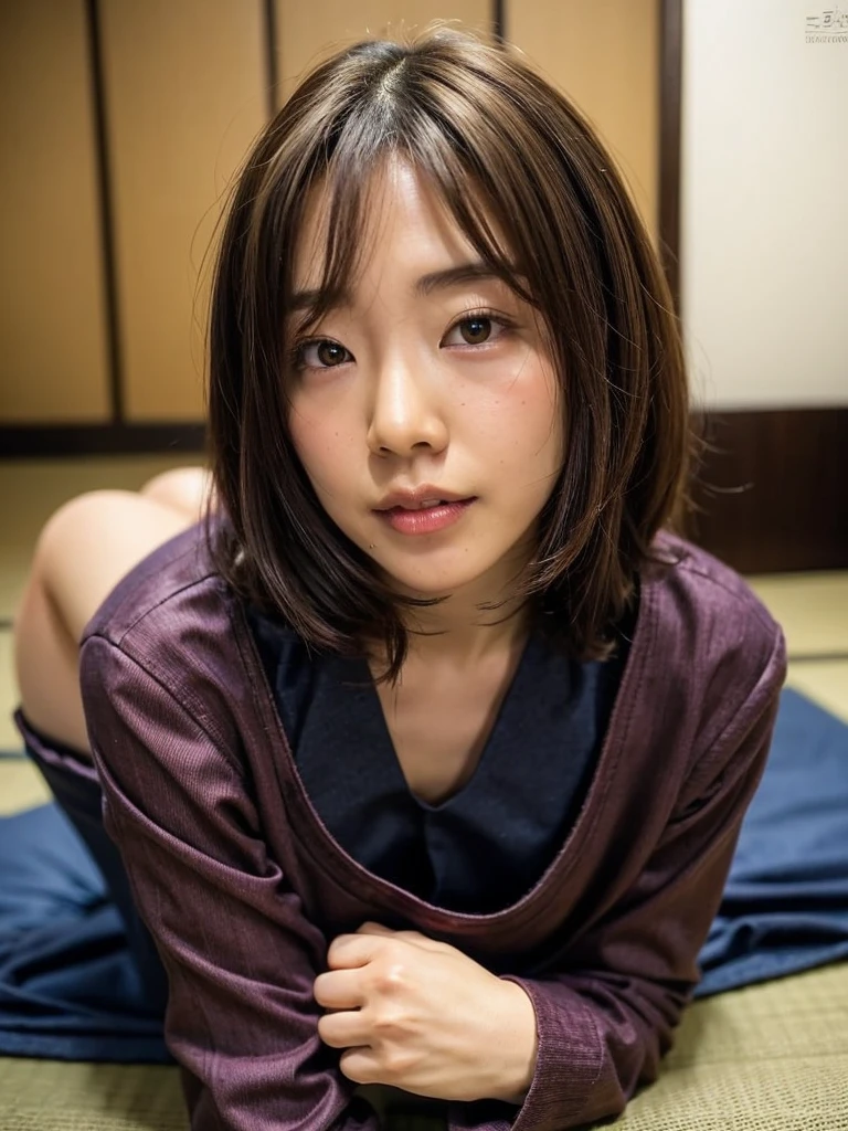 (lower body in dark skinny jeans),(tatami floor),(blurred hotel Japanese-style room background),(woman sitting leaning forward with her butt sticking up),(light brown hair),RAW fhoto, japanese 37yo woman, real skin(small tits),(flat chest),(small chest),)