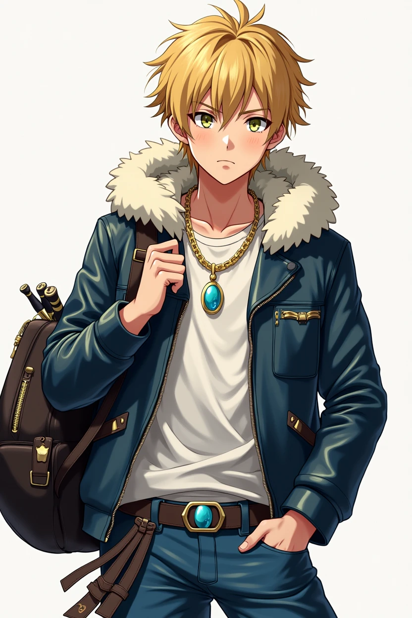 adolescent, Whole body, serious face, attractive, athletic body, blond hair, eyes the color of honey, Leather jacket with polar fleece on the hood, schoolbag, belt with knives, blue pants, black boots, Gold necklace with a sky-blue gem, power in one hand, anime, 4k, epic