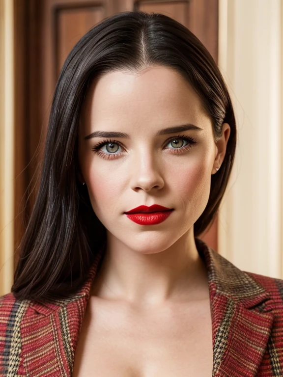 A waist-up portrait of a beautiful female whose face combines features of Neve Campbell + Cait Fairbanks. The female has lovely makeup on her face. The female wears red lipstick. Symmetrical eyes. Symmetrical face. Lovely details. Photorealistic. Full-colored photo. Professional photo. Highly detailed 8K.