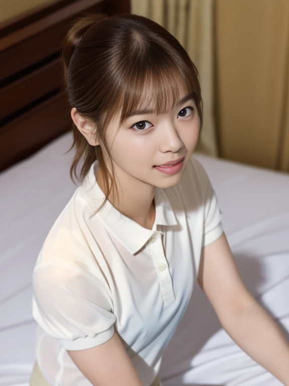 (Masterpiece, Best quality, 8K:1.3), (Ultra realistic, Photo-realistic:1.2), (From above:1.3), From side, (Crawling position:1.1), (Seductive pose:1.1), Natural light, 28 years old actress, Japanese women, Neat and clean, (Wearing white tennis uniform, White short-sleeve polo shirt:1.3), (unbutton:1.3), (White tennis mini skirt:1.3), White sock, (Beautiful thighs:1.1), (ponytail:1.1), (Short wavy hair:1.2), Light brown hair color, (Beautiful Face), Oval face, clear, Beautiful eyes, Kind eyes, Bedroom eyes, (Clear skin), Natural makeup, Small face, Small mouth, Beautiful mouth, Approachable, Hotel Suite room, On bed, Seductive smile, Shy,