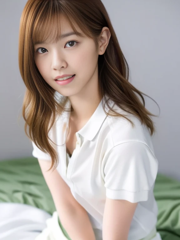 (Masterpiece, Best quality, 8K:1.3), (Ultra realistic, Photo-realistic:1.2), (From above:1.3), From side, (Crawling position:1.1), (Seductive pose:1.1), Natural light, 28 years old actress, Japanese women, Neat and clean, (Wearing white tennis uniform, White short-sleeve polo shirt:1.3), (unbutton:1.3), (White tennis mini skirt:1.3), White sock, (Beautiful thighs:1.1), (ponytail:1.1), (Short wavy hair:1.2), Light brown hair color, (Beautiful Face), Oval face, clear, Beautiful eyes, Kind eyes, Bedroom eyes, (Clear skin), Natural makeup, Small face, Small mouth, Beautiful mouth, Approachable, Hotel Suite room, On bed, Seductive smile, Shy,