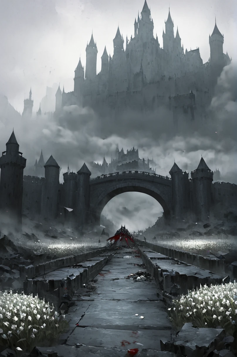 Big Wide Bridge, castle in the background, haze, brutally excessive, great knight with great shield, fallen knights, corpses, karo, blood on the bridge, white flowers under the bridge, stunning landscape (dreamy landscape)