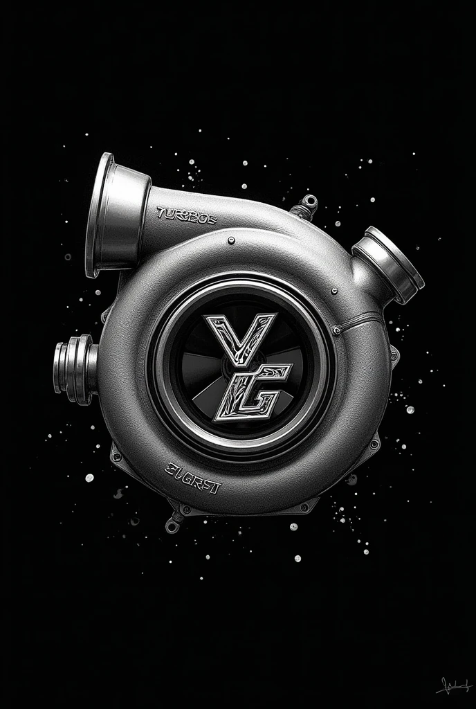 Illustration style that looks like it was written with a white pen on a black background。
No grey, just black and white。
Drawing a turbo, one of the car's parts. Engraving a Y and G logo on the turbo.。