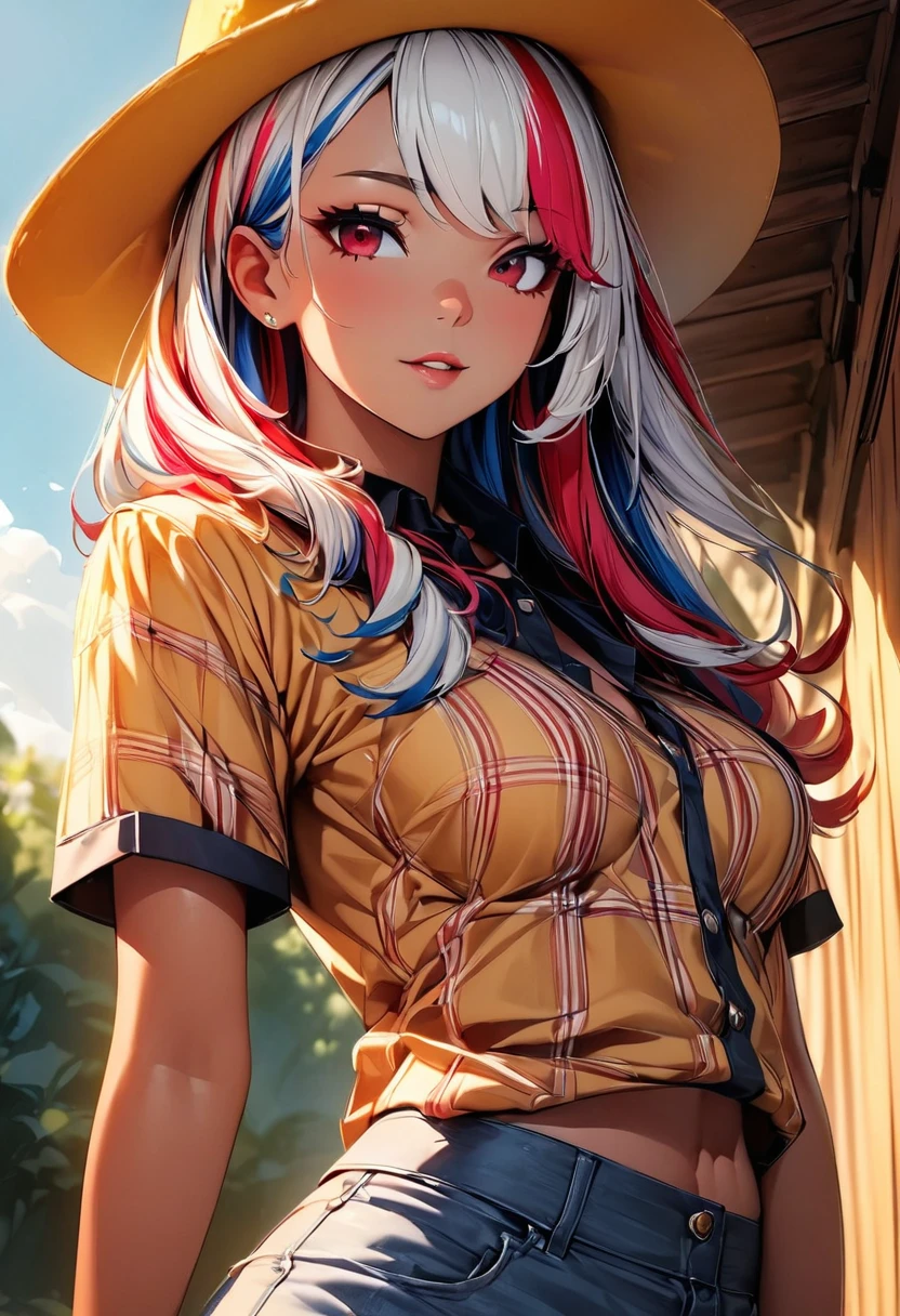 (highest quality:1.2, Very detailed, up to date, Vibrant, Ultra-high resolution, High Contrast, masterpiece:1.2, highest quality, Best aesthetics), Portraiture、girl、singer, solo, ((25-years-old:1)), Bright colors, Beautiful fine details、Beautiful lip detail、medium wave hair、(red and white (streaked hair:1.6)), highlights hair: 1.5, red eyes, slim body, medium breast, (tan skin:1.1), (Floral Fineline tattoo design on left arm:1), ((sexy cowgirl:1.5)), (yellow cowboy hat:1.5), short sleeve plaid shirt, jeans, farm house, blue sky, (cowboy shot:1.5),