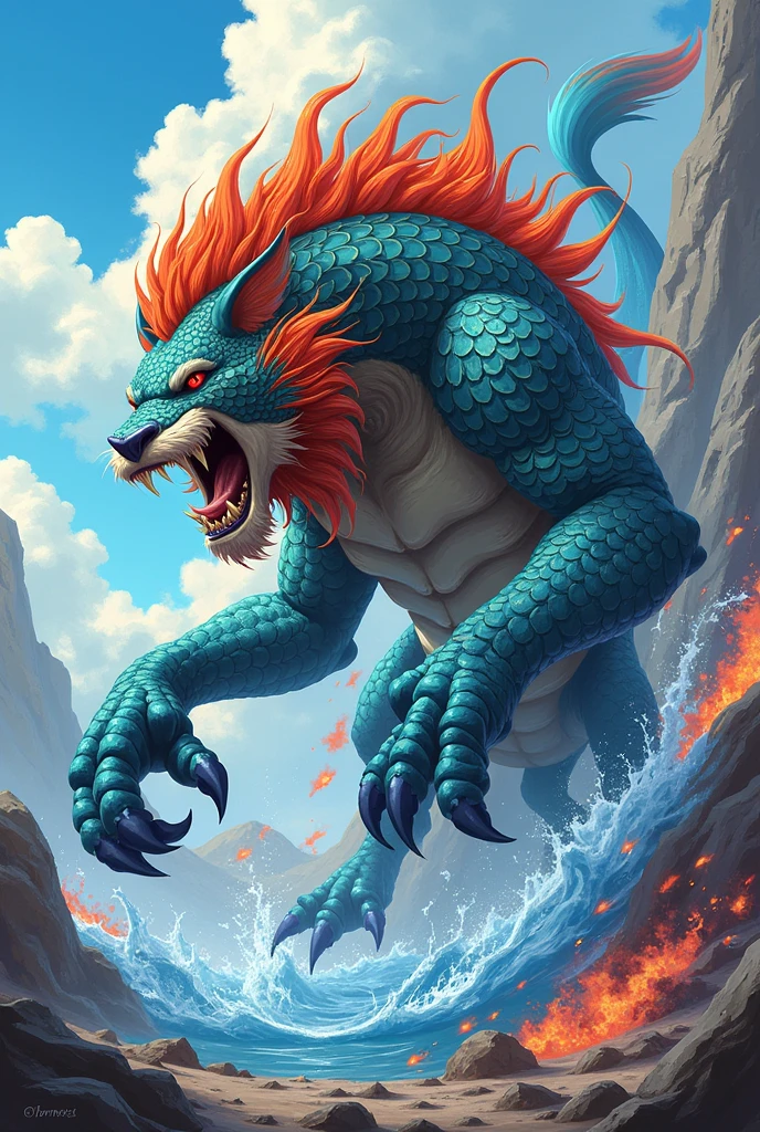An animal that mixes the body of a colorful fish with the head of a lion and, instead of paws, that has scorpion claws formed by water.
The tail should be in the style of a scorpion.
The background should be of the elements of water and fire mixed together..
The lion has to have its mouth open when attacking.
The drawing needs to be in anime style