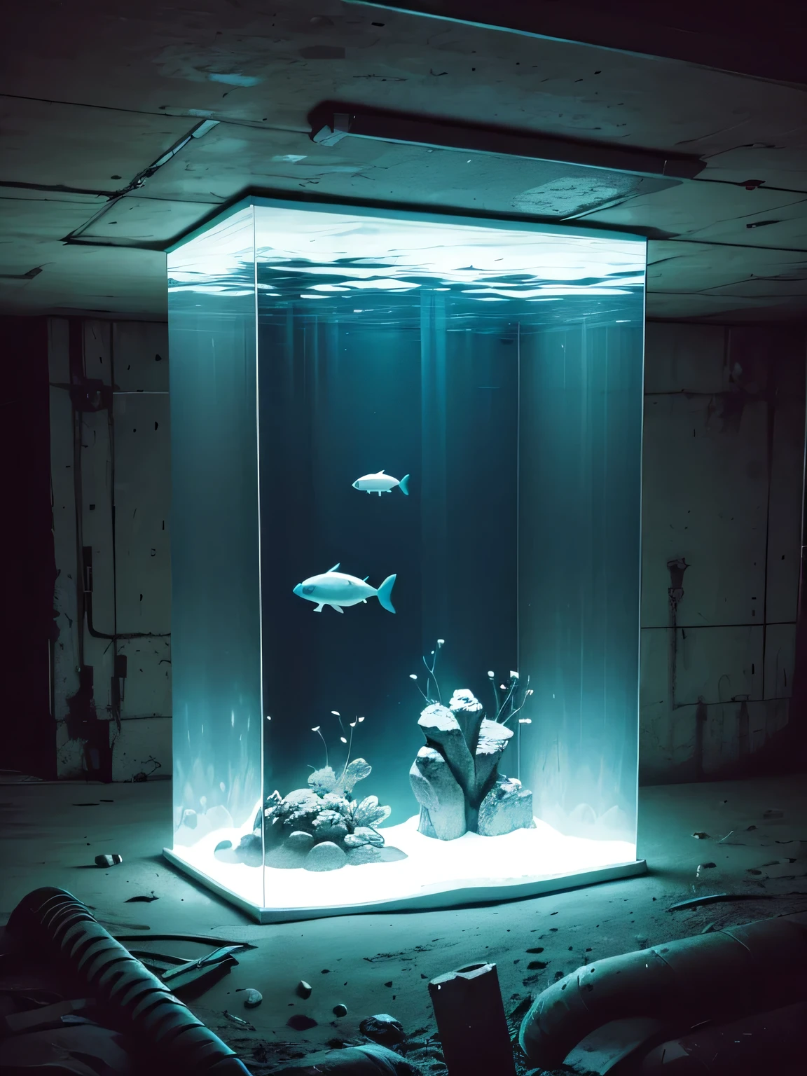 An giant aquarium inside an underground brutalist museum, black and white and cyan